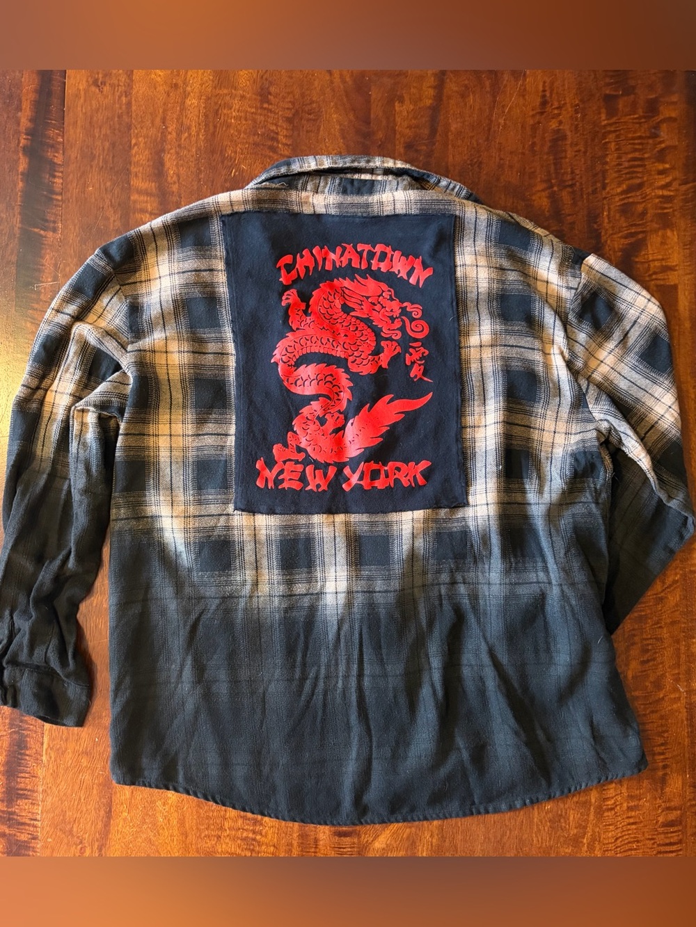 Upcycled Red Dragon Chinatown Black and Tan Flannel Black Ombré Dip Dyed Sz M